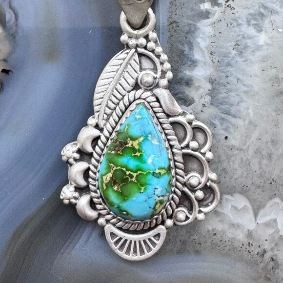 Sterling Southwestern Style Teardrop Sonora Gold Turquoise Decorated Pendant - Picture 6 of 10